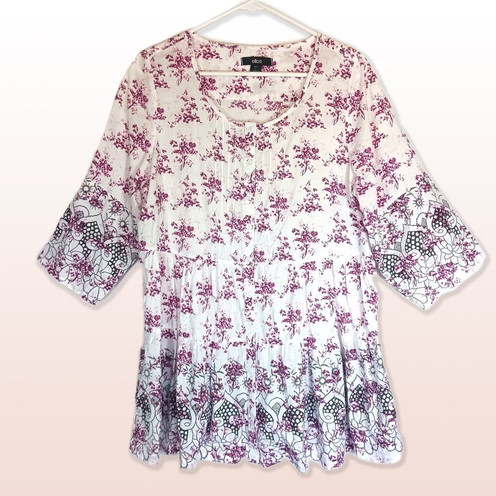 Ellos 100% Cotton Long Tunic  Top Flounces Plum Floral Puff Sleeves Size S